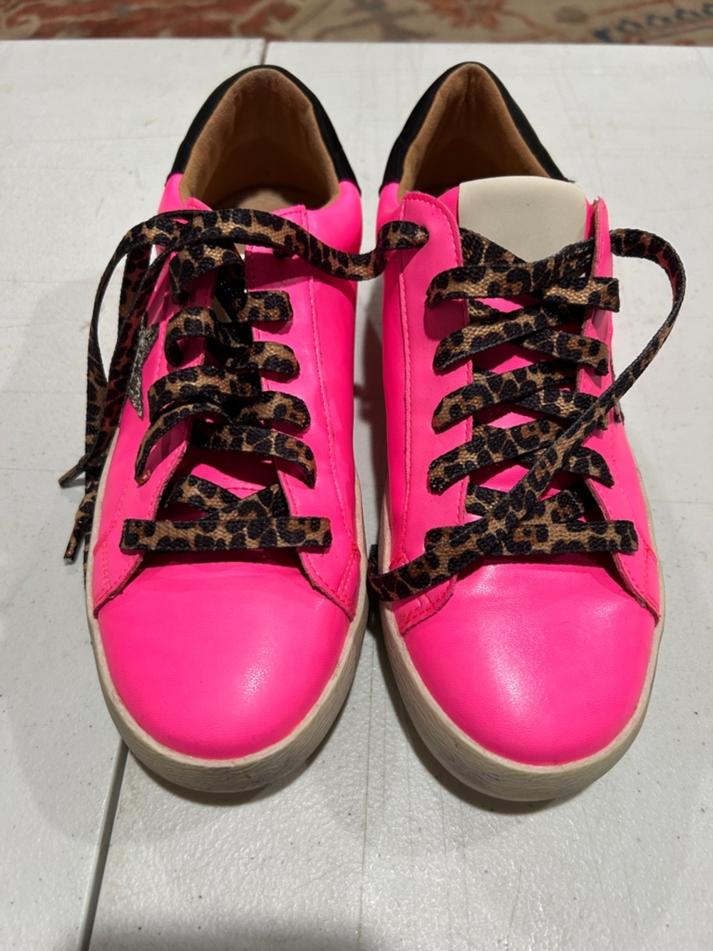 Neon Pink Leather Sneakers with Leopard-Print Laces